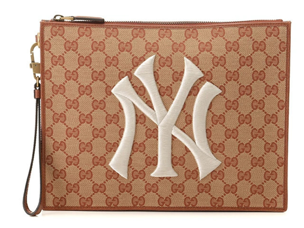 Gucci Clutch Bag Shoulder GG Canvas Pink Beige Cream Yankees Collaboration